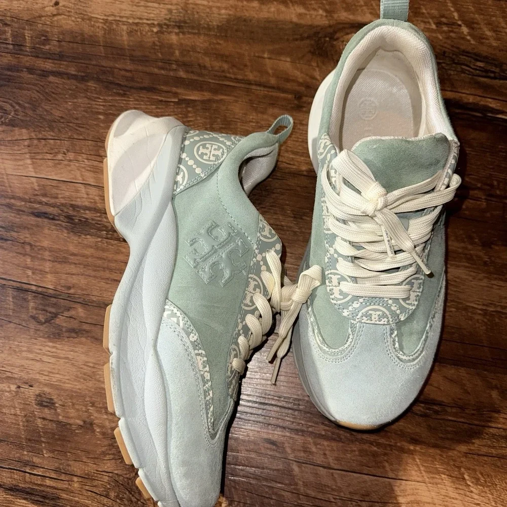 Tory Burch Green Good Luck Lace Up Trainer Sneakers Womens Size 8